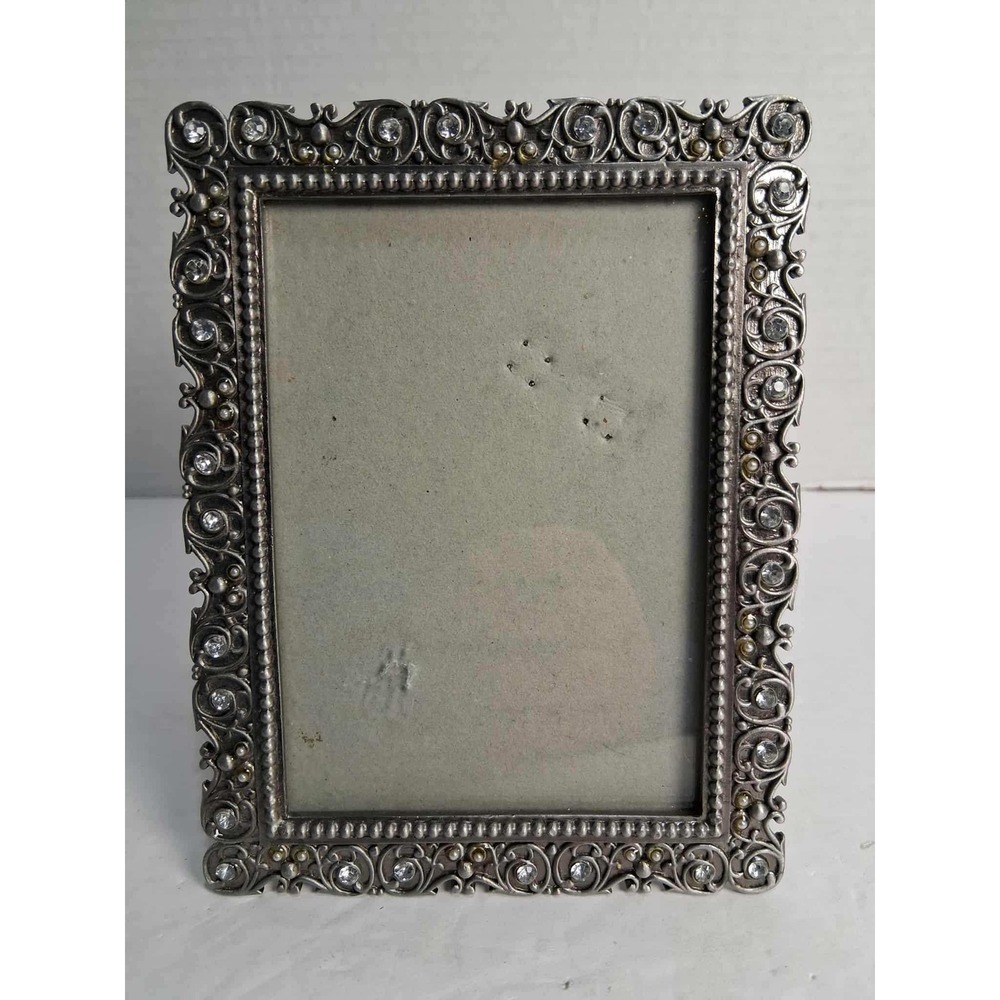Ornate Rhinestone Accent Photo Frame Tabletop Display Silver Tone Decorative 3x5